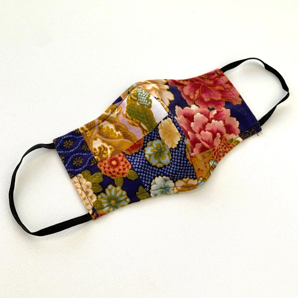 NEW Handmade Navy Iris & Chrysanthymum Block Print Face Mask